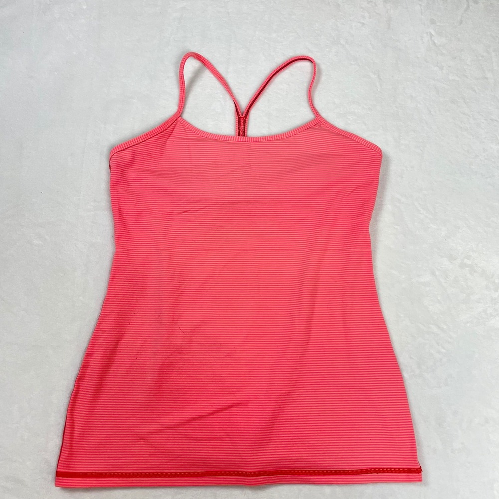 Lululemon Tank Top Women 10 Coral Pink Excellent Striped Racerback Shelf Bra